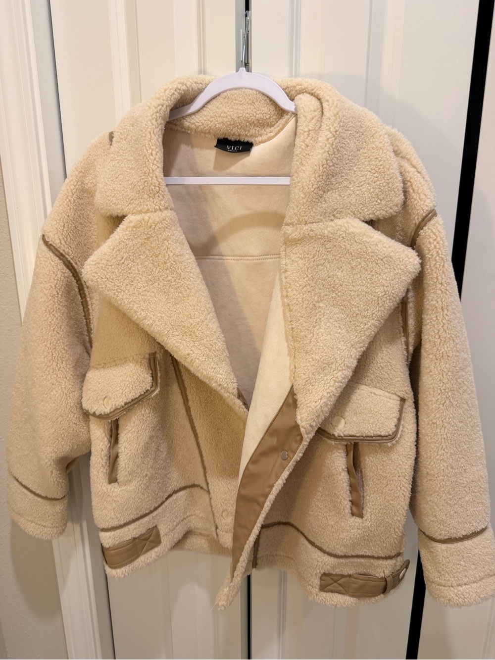 Vici Cream Teddy Sherpa Jacket with Tan Trim